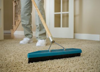 Cleaning rake being swept across carpet